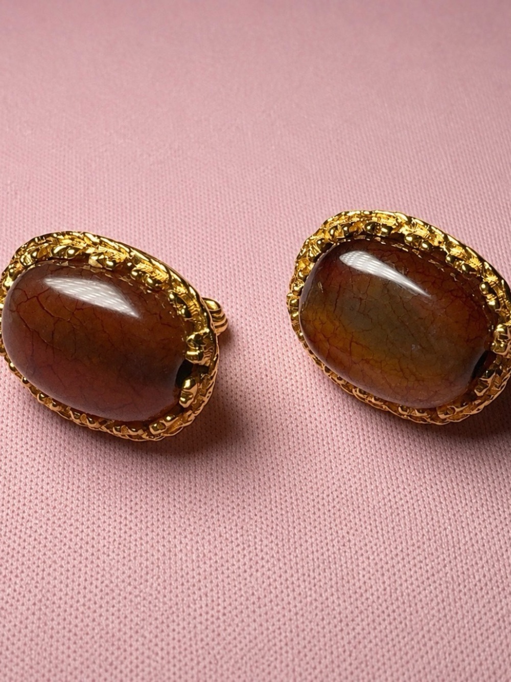 Vintage Brown Cabochon Clip-On Earrings Ornate Gold Tone Statement